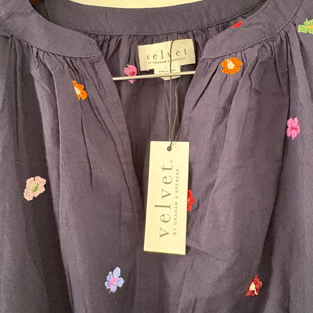 Velvet by Graham & Spencer Navy Floral Embroidered Cotton Mini Dress Small NWT - Picture 3 of 12